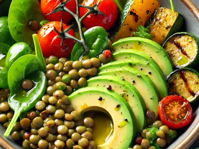 Zelená šošovicová miska s avokádom a pečenou zeleninou