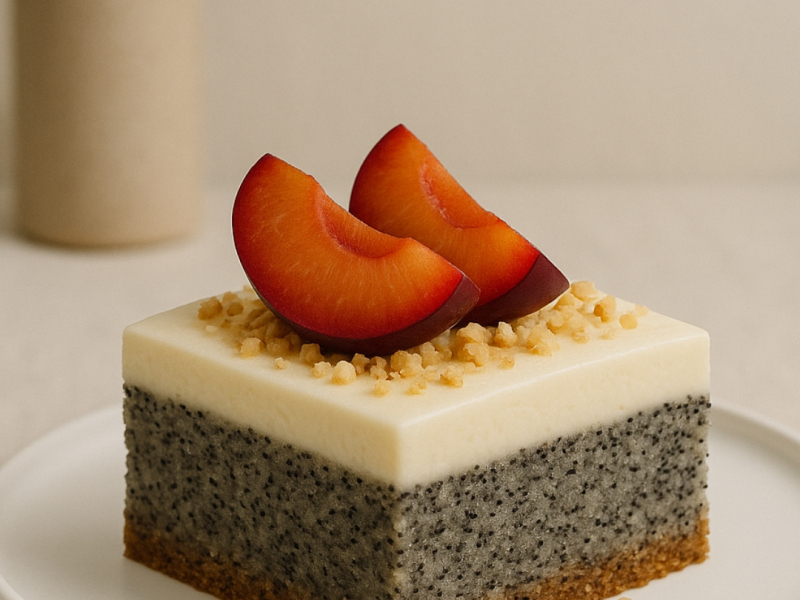 Makovo-orechový koláč so slivkovým pyré a mascarpone krémom