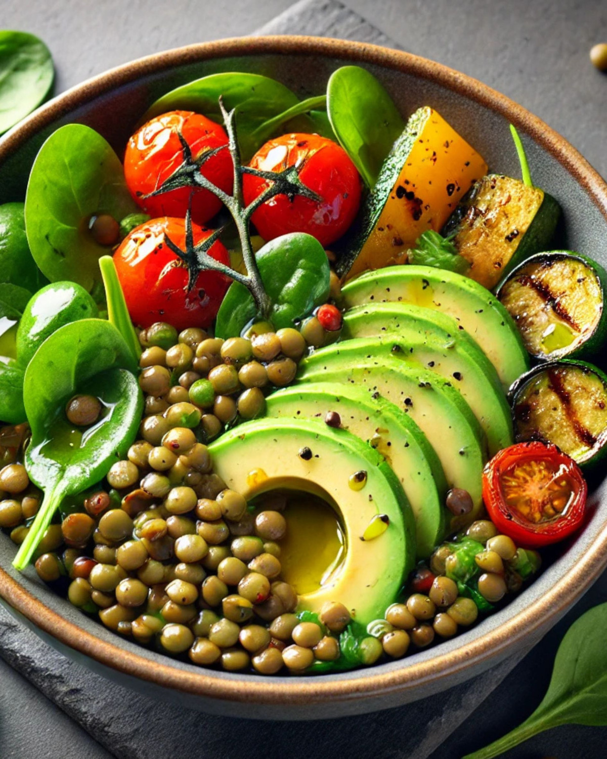 Zelená šošovicová miska s avokádom a pečenou zeleninou